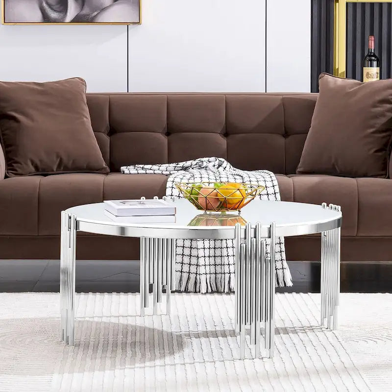 Round Tempered Glass Coffee Table with 3 Tiers 360 Degrees Rotating Top
