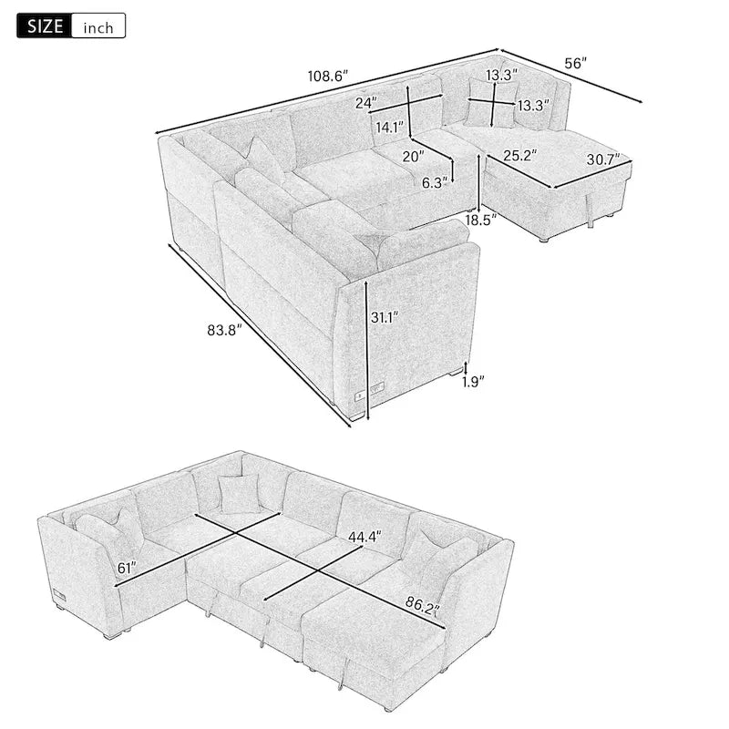 U-shaped Sectional Sofa Pull out Sofa Bed,2 USB Ports,2 Power Sockets,3 Back Pillows,Storage Chaise,Black