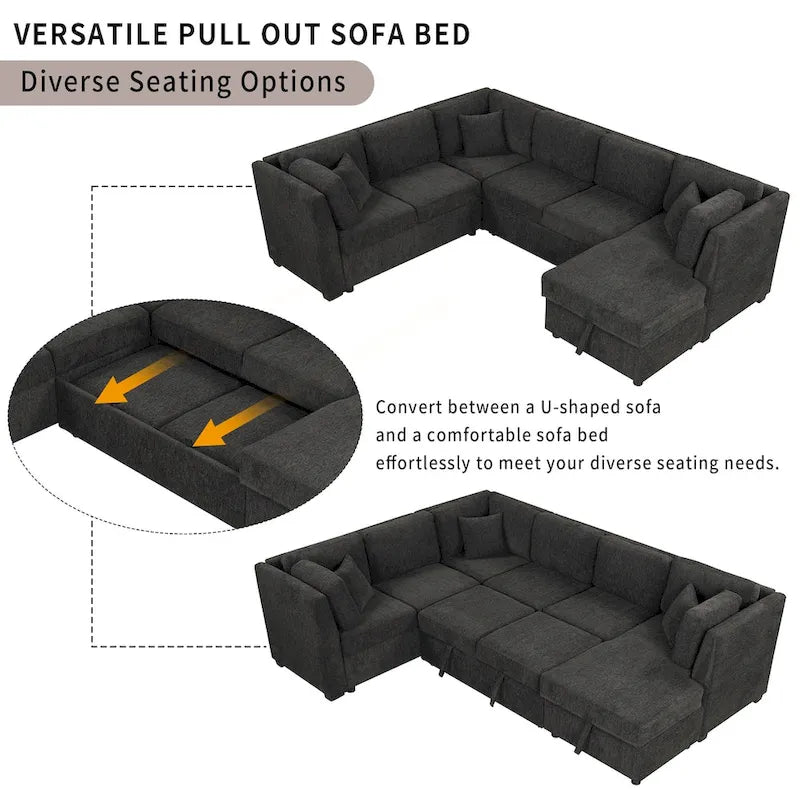 U-shaped Sectional Sofa Pull out Sofa Bed,2 USB Ports,2 Power Sockets,3 Back Pillows,Storage Chaise,Black