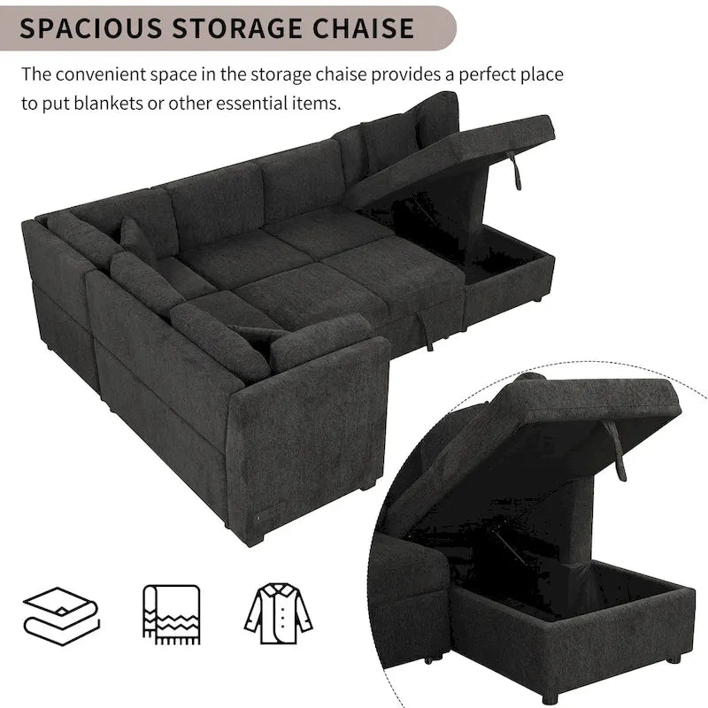 U-shaped Sectional Sofa Pull out Sofa Bed,2 USB Ports,2 Power Sockets,3 Back Pillows,Storage Chaise,Black