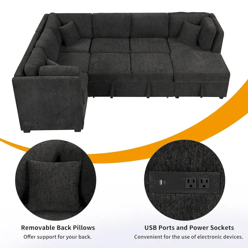 U-shaped Sectional Sofa Pull out Sofa Bed,2 USB Ports,2 Power Sockets,3 Back Pillows,Storage Chaise,Black
