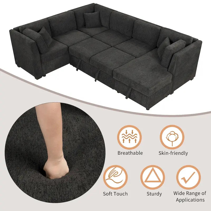 U-shaped Sectional Sofa Pull out Sofa Bed,2 USB Ports,2 Power Sockets,3 Back Pillows,Storage Chaise,Black