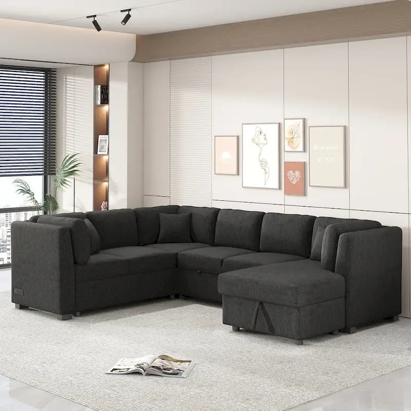U-shaped Sectional Sofa Pull out Sofa Bed,2 USB Ports,2 Power Sockets,3 Back Pillows,Storage Chaise,Black