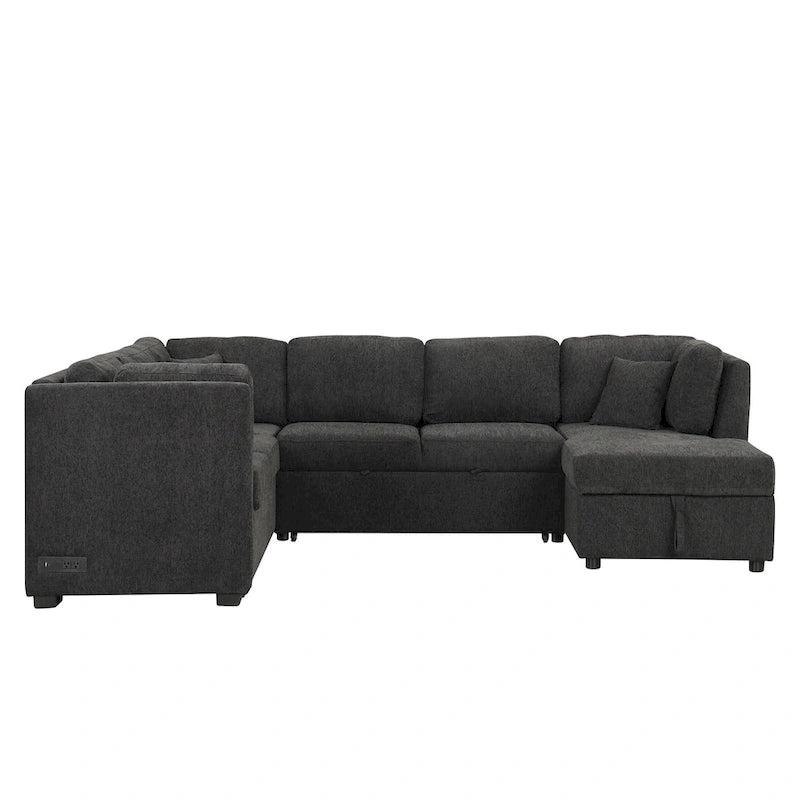 U-shaped Sectional Sofa Pull out Sofa Bed,2 USB Ports,2 Power Sockets,3 Back Pillows,Storage Chaise,Black