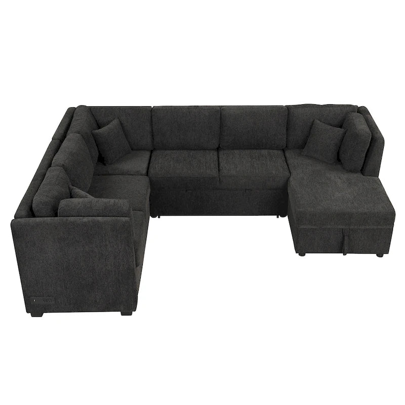 U-shaped Sectional Sofa Pull out Sofa Bed,2 USB Ports,2 Power Sockets,3 Back Pillows,Storage Chaise,Black