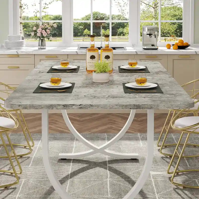 Rectangular Dining Table for 4 to 6, 63 Inch Kitchen Table with Faux Marble Finish