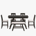 6-Piece Wood Counter Height Kitchen Dining Table Set with Storage Shelf, Bench and 4 Chairs, Espresso and Beige