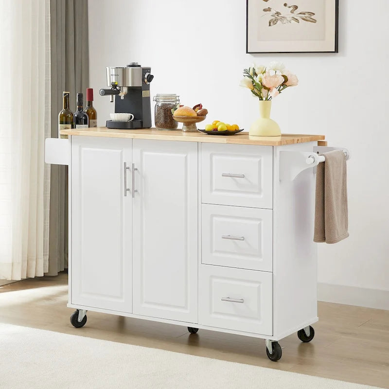 53.8 in. W Rolling Kitchen Island with Internal Storage Rack and Three Drawers