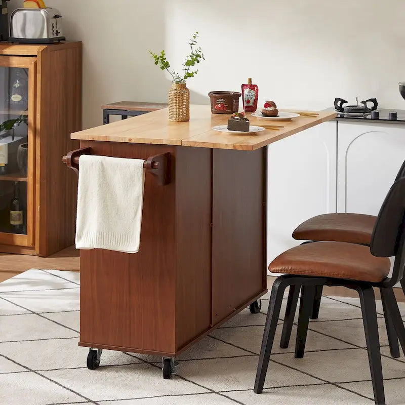 53.8 in. W Rolling Kitchen Island with Internal Storage Rack and Three Drawers