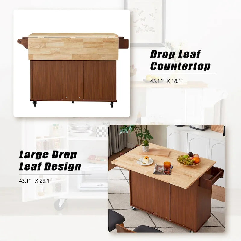 53.8 in. W Rolling Kitchen Island with Internal Storage Rack and Three Drawers