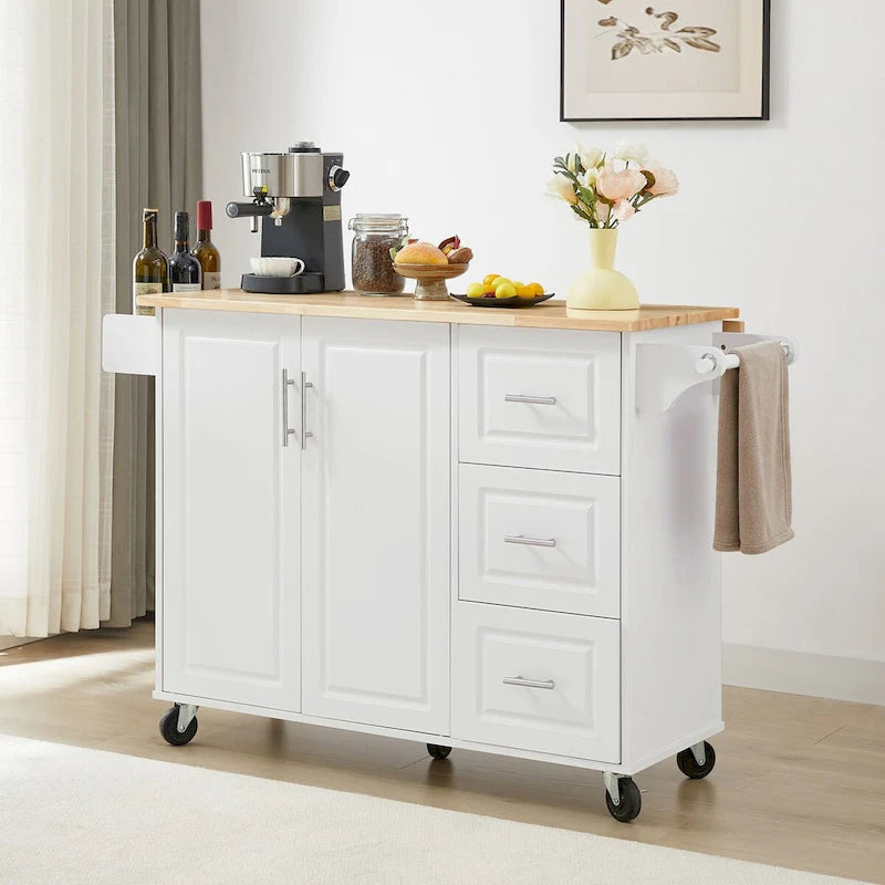 53.8 in. W Rolling Kitchen Island with Internal Storage Rack and Three Drawers