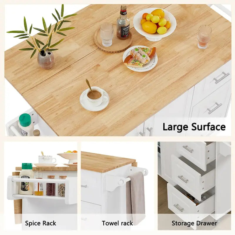 53.8 in. W Rolling Kitchen Island with Internal Storage Rack and Three Drawers