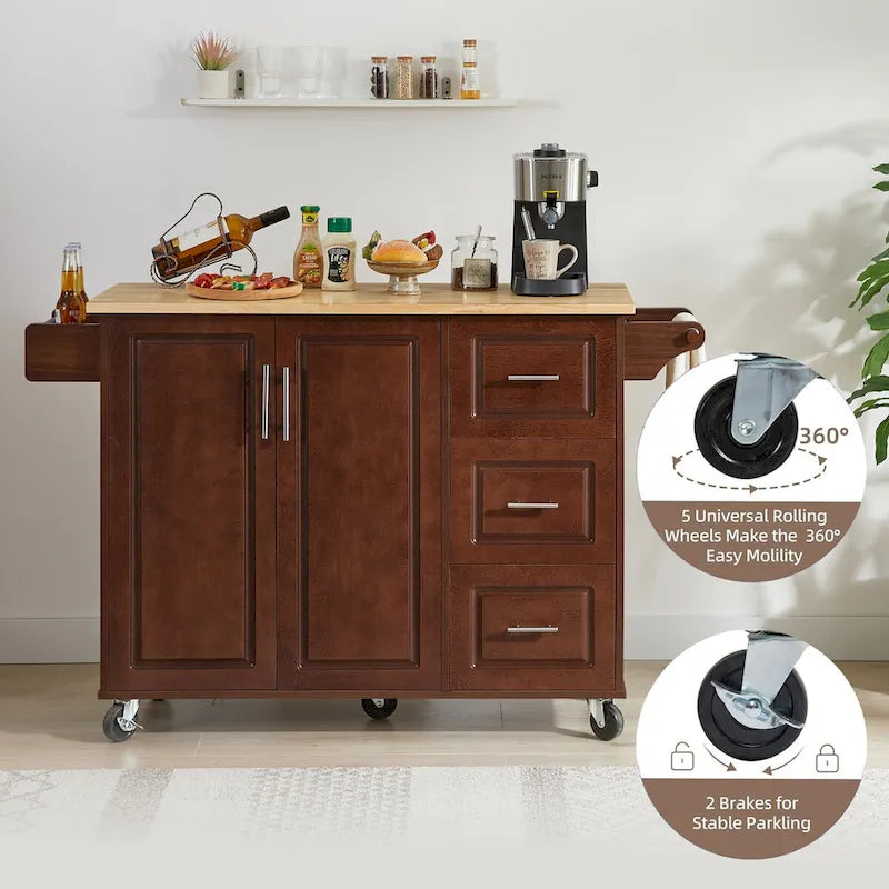 Rolling Kitchen Island Cart, Kitchen Island with Drop Leaf Counter top and Barn Door