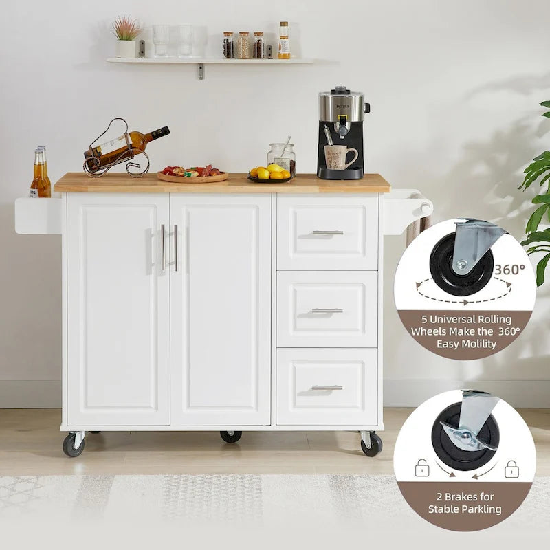 Rolling Kitchen Island Cart, Kitchen Island with Drop Leaf Counter top and Barn Door