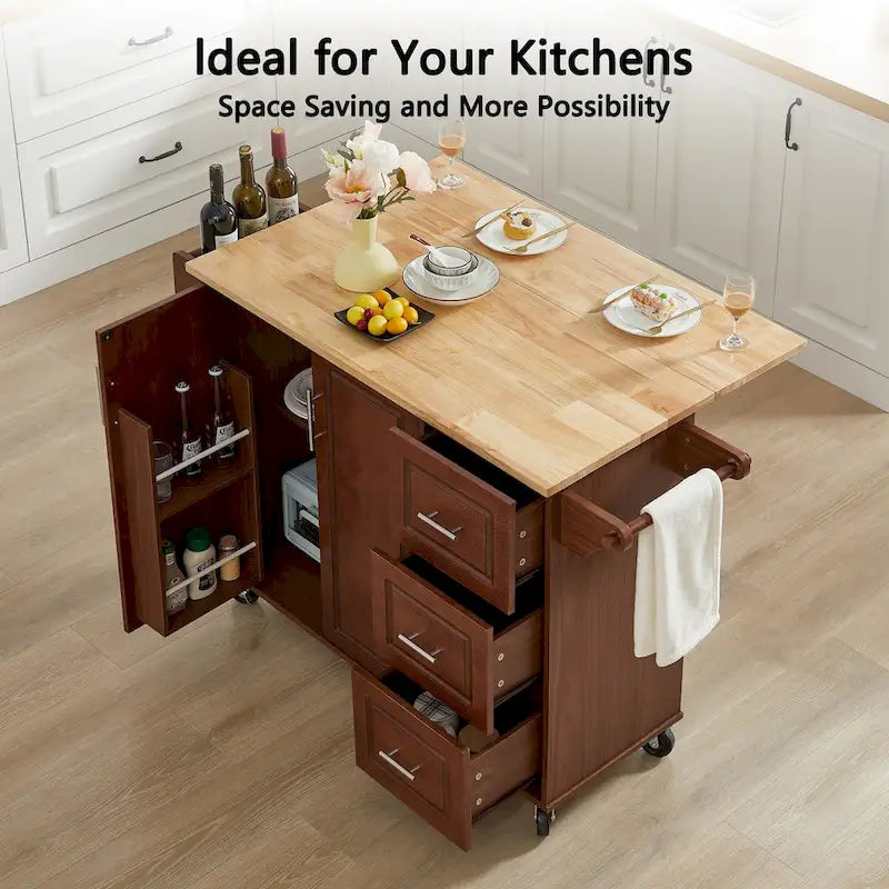 Kitchen Island with Drop Leaf Countertop,Rolling Kitchen Island Cart,Barn Door Kitchen Island Table with Storage Cabinet