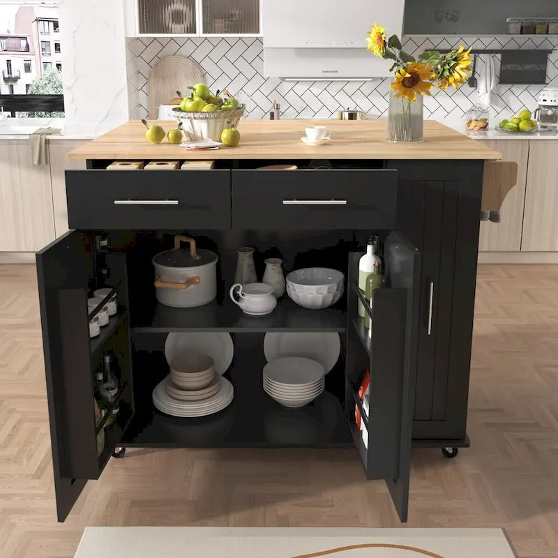 Kitchen Island with Drop Leaf,Kitchen Storage Cart with 3 Tier Pull Out Cabinet Organizer,Kitchen Cart on Wheels with Towel Rack