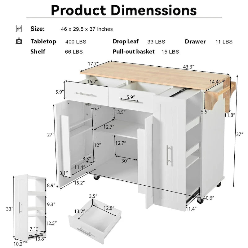 Kitchen Island with Drop Leaf,Kitchen Storage Cart with 3 Tier Pull Out Cabinet Organizer,Kitchen Cart on Wheels with Towel Rack