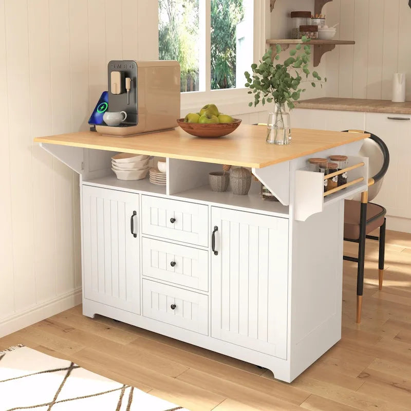 55.7 Kitchen Island with Drop Leaves, Rolling Cart with Power Outlet, Spice Rack, and 3 Drawers