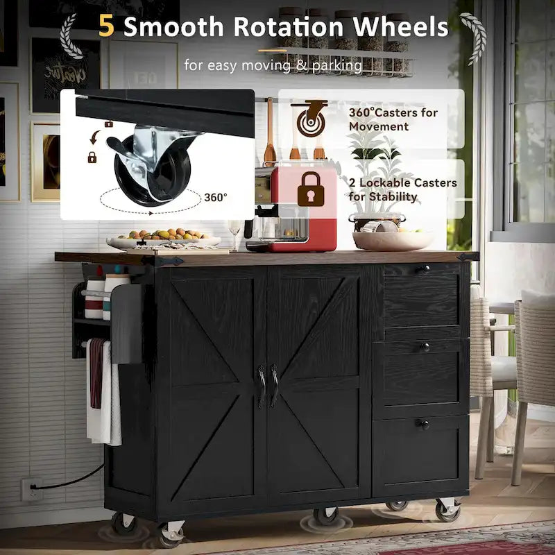 Farmhouse Kitchen Island with Power Outlet and Rolling Cart