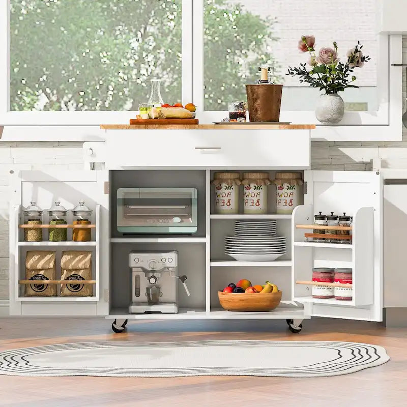 39W Kitchen Island with Storage and Rubber Wood Top - N/A
