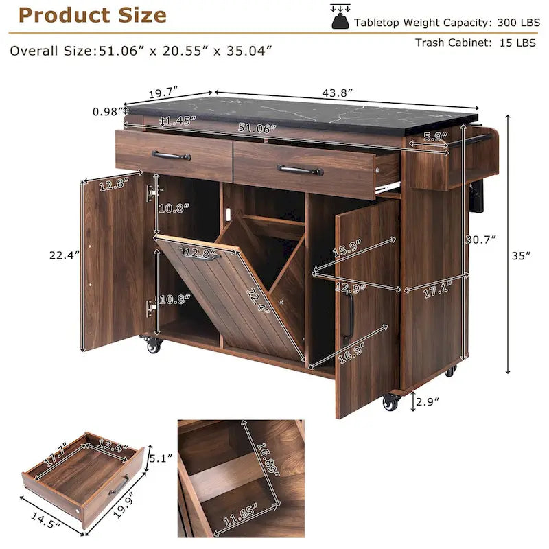 43.8W Kitchen Island with Trash Can Storage Cabinet - N/A