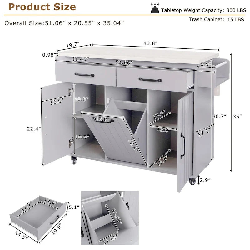 43.8W Kitchen Island with Trash Can Storage Cabinet - N/A