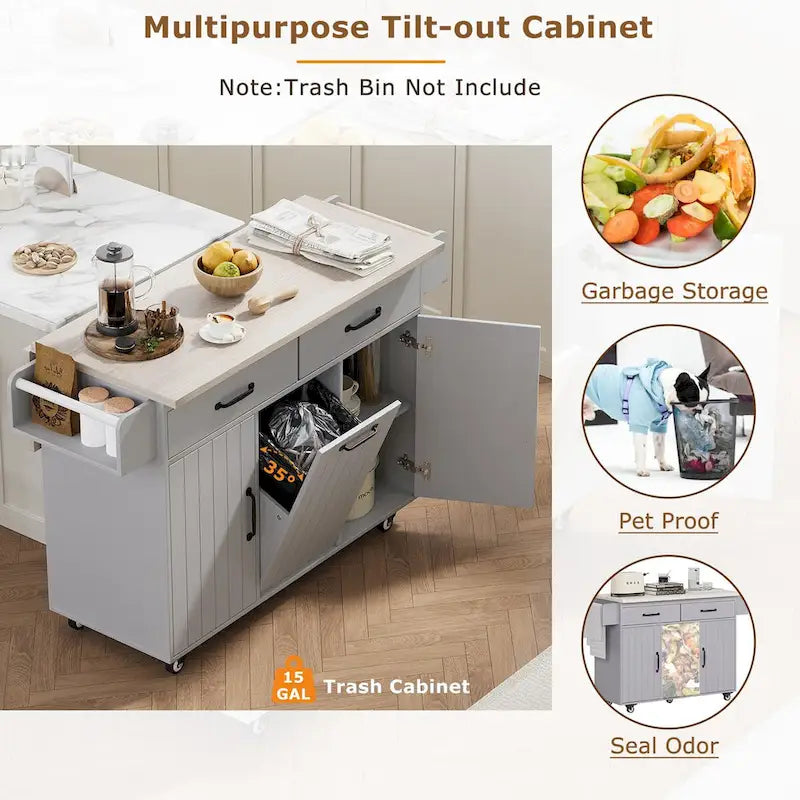 43.8W Kitchen Island with Trash Can Storage Cabinet - N/A