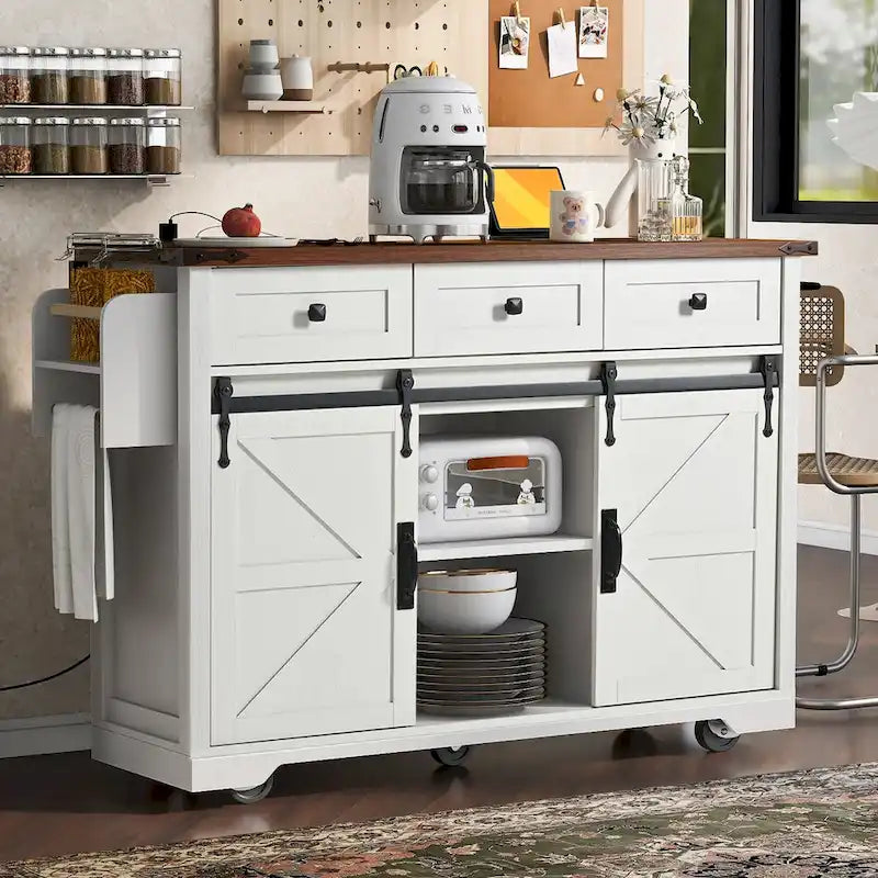 53.7 Kitchen Island, Power Outlet, 2 Sliding Barn Door Kitchen Storage Island Drop Leaf, Rack Rolling Kitchen Cart on Wheels