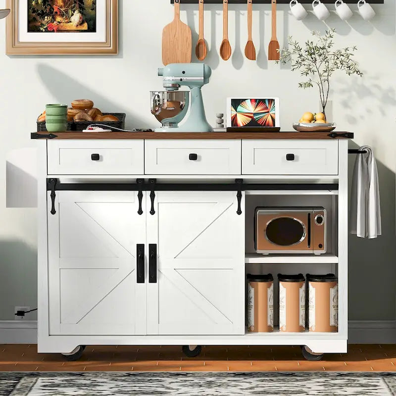 53.7 Kitchen Island, Power Outlet, 2 Sliding Barn Door Kitchen Storage Island Drop Leaf, Rack Rolling Kitchen Cart on Wheels