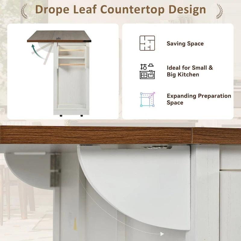 53.7 Kitchen Island, Power Outlet, 2 Sliding Barn Door Kitchen Storage Island Drop Leaf, Rack Rolling Kitchen Cart on Wheels