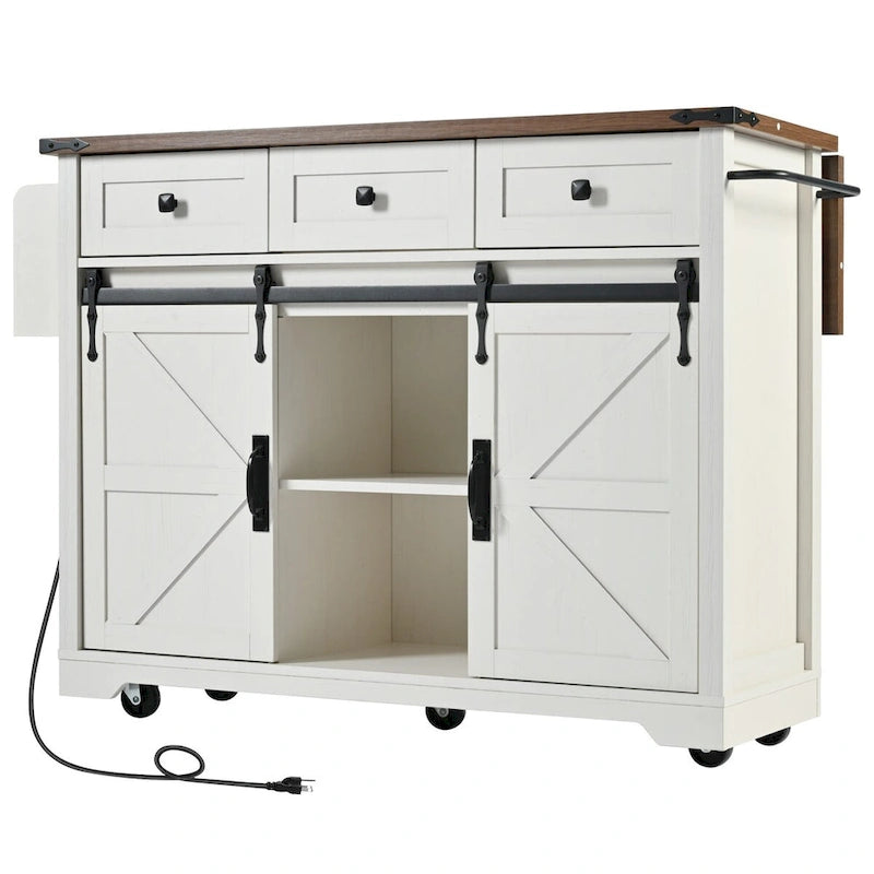 53.7 Kitchen Island, Power Outlet, 2 Sliding Barn Door Kitchen Storage Island Drop Leaf, Rack Rolling Kitchen Cart on Wheels